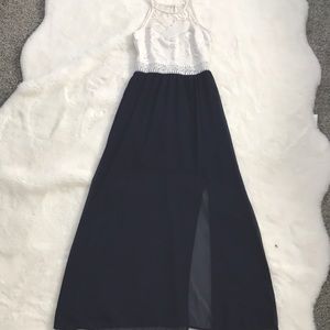white and blue long dress